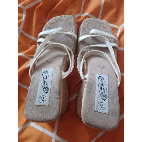 Shoes - Lower East Side Beige White Embroidered Strappy Wedge Sandals Women's 7.5